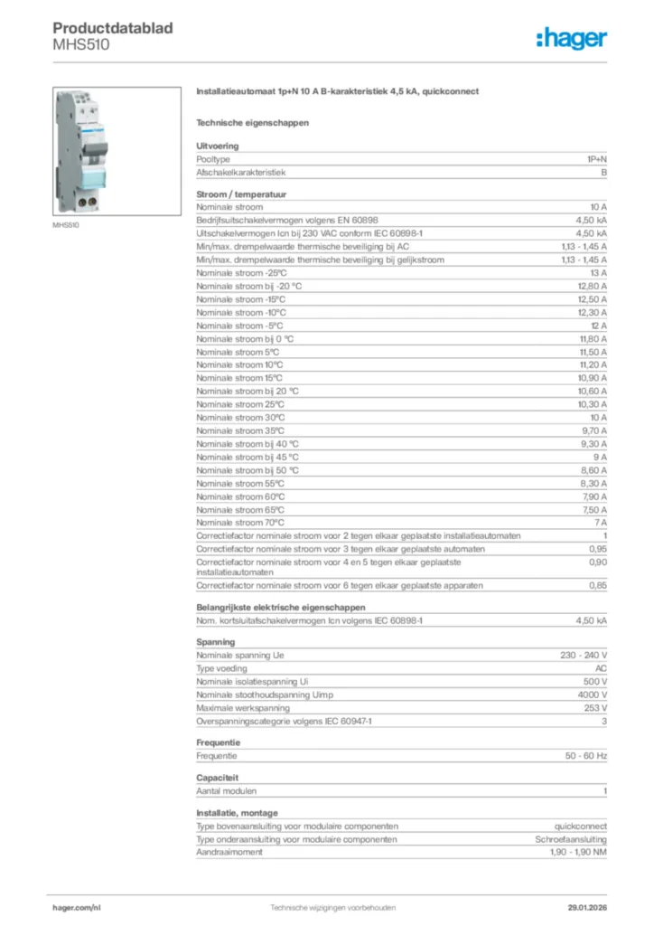 Afbeelding Hager Productdatablad MHS510 | Hager Nederland