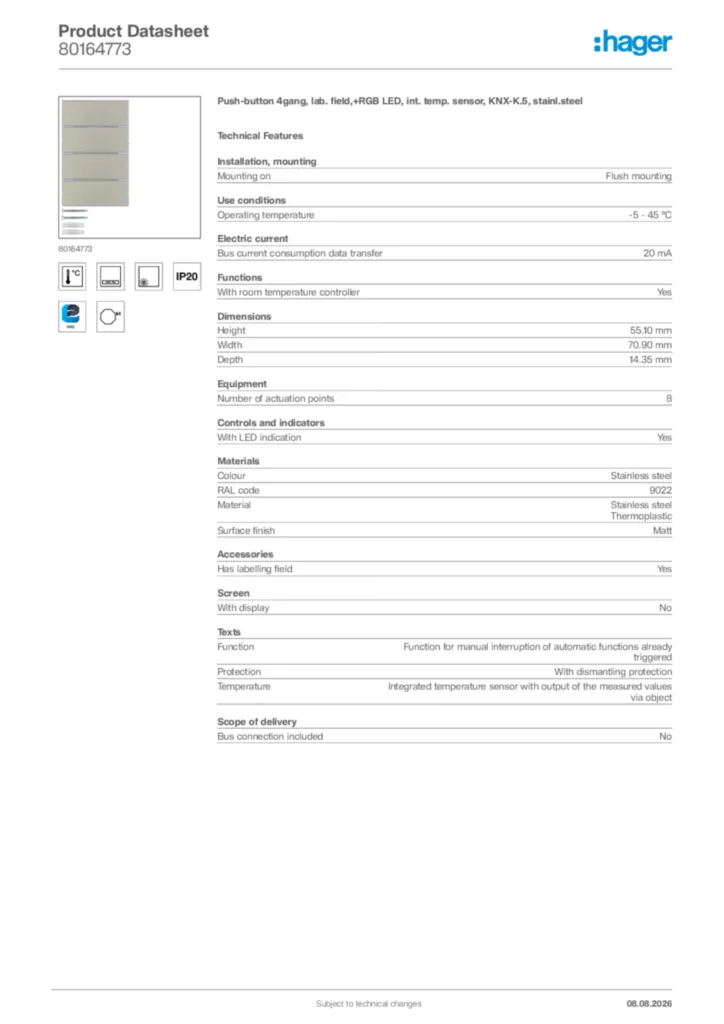 Image Hager Product data sheet 80164773  | Hager Africa