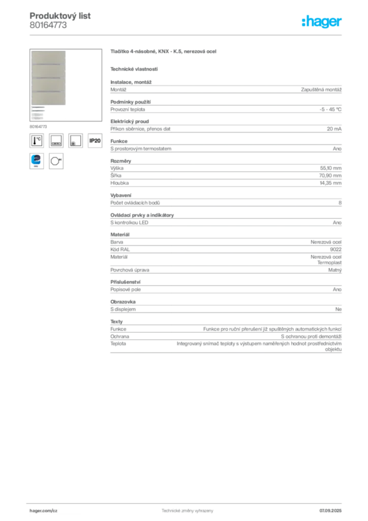 Obrázek Hager Produktový list 80164773 | Hager