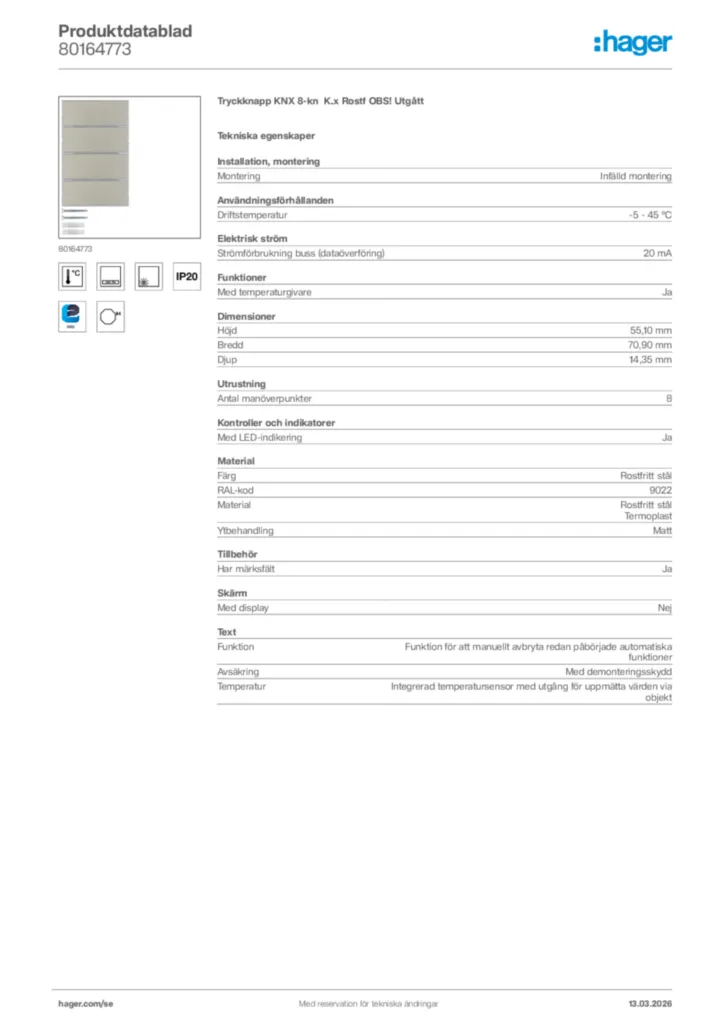 Bild Hager Produktdatablad 80164773 | Hager Sverige