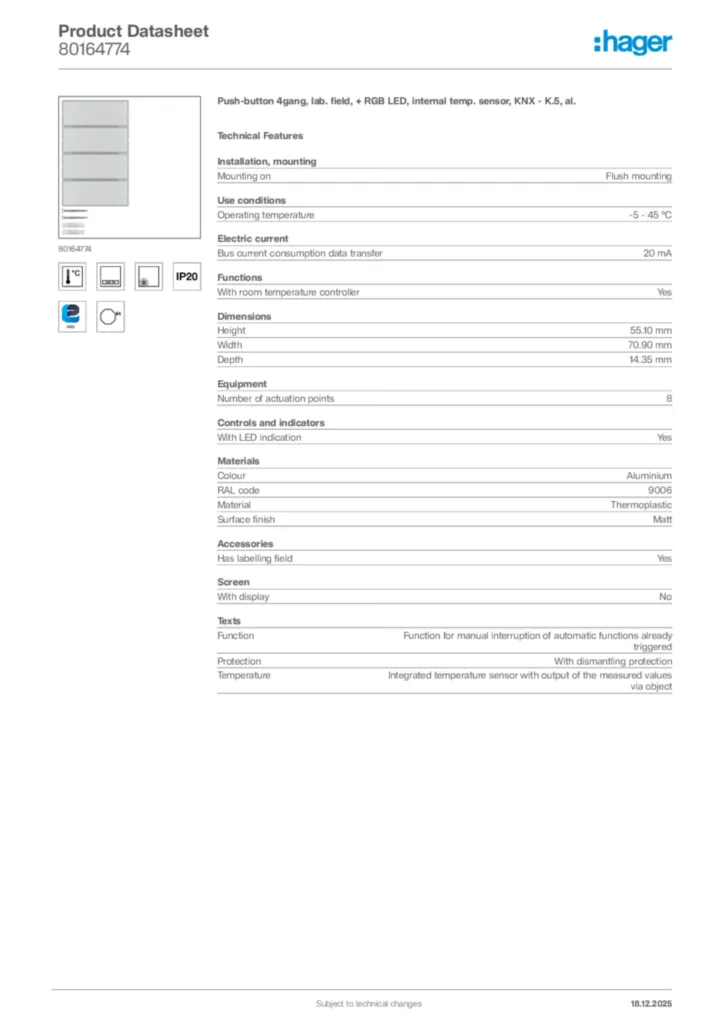 Image Hager Product data sheet 80164774  | Hager Africa