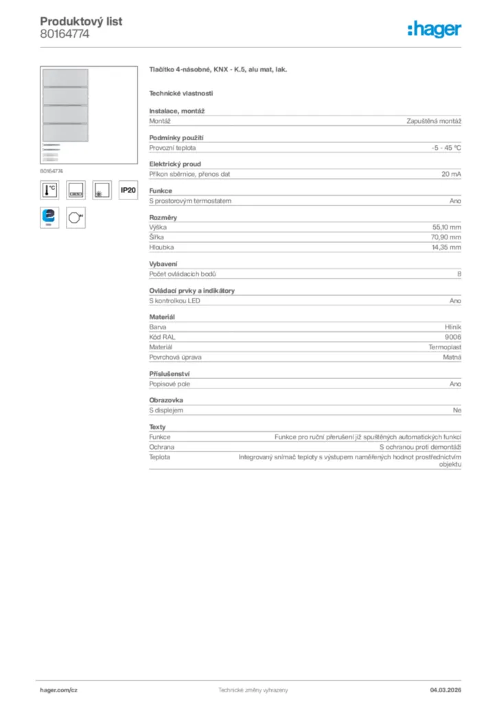 Obrázek Hager Product data sheet 80164774 | Hager