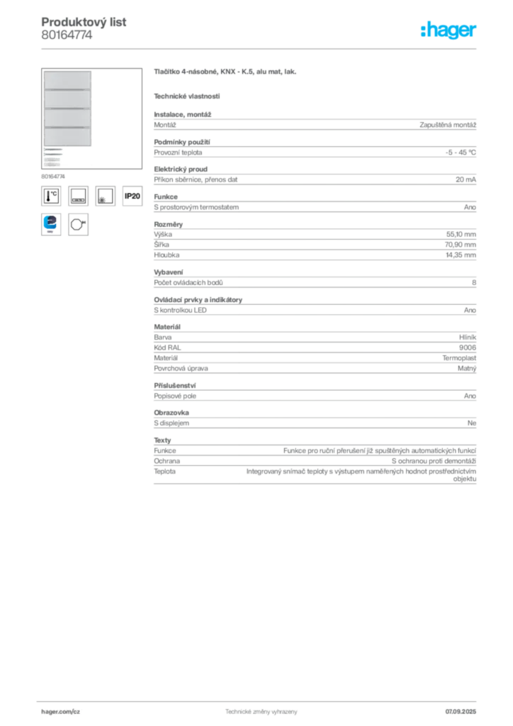 Obrázek Hager Produktový list 80164774 | Hager