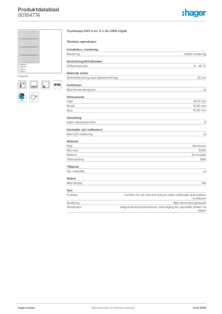 Bild Hager Produktdatablad 80164774 | Hager Sverige