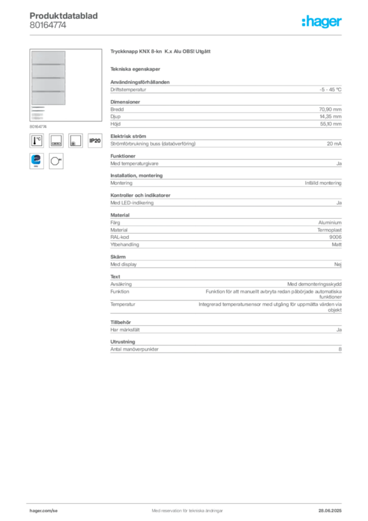 Bild Hager Produktdatablad 80164774 | Hager Sverige
