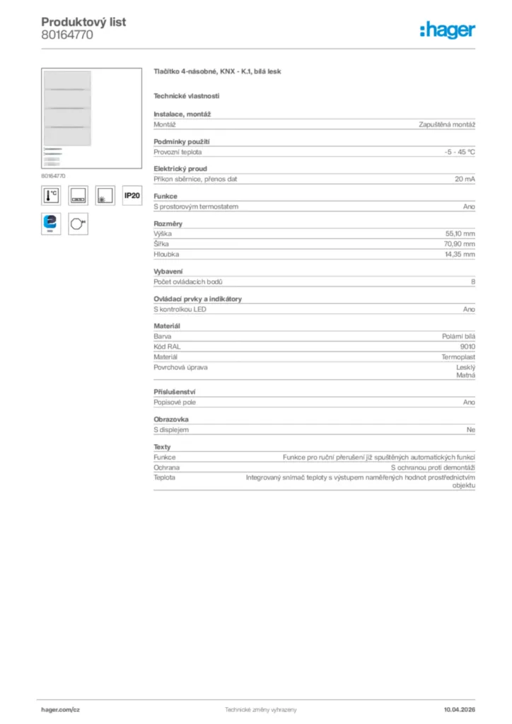 Obrázek Hager Product data sheet 80164770 | Hager
