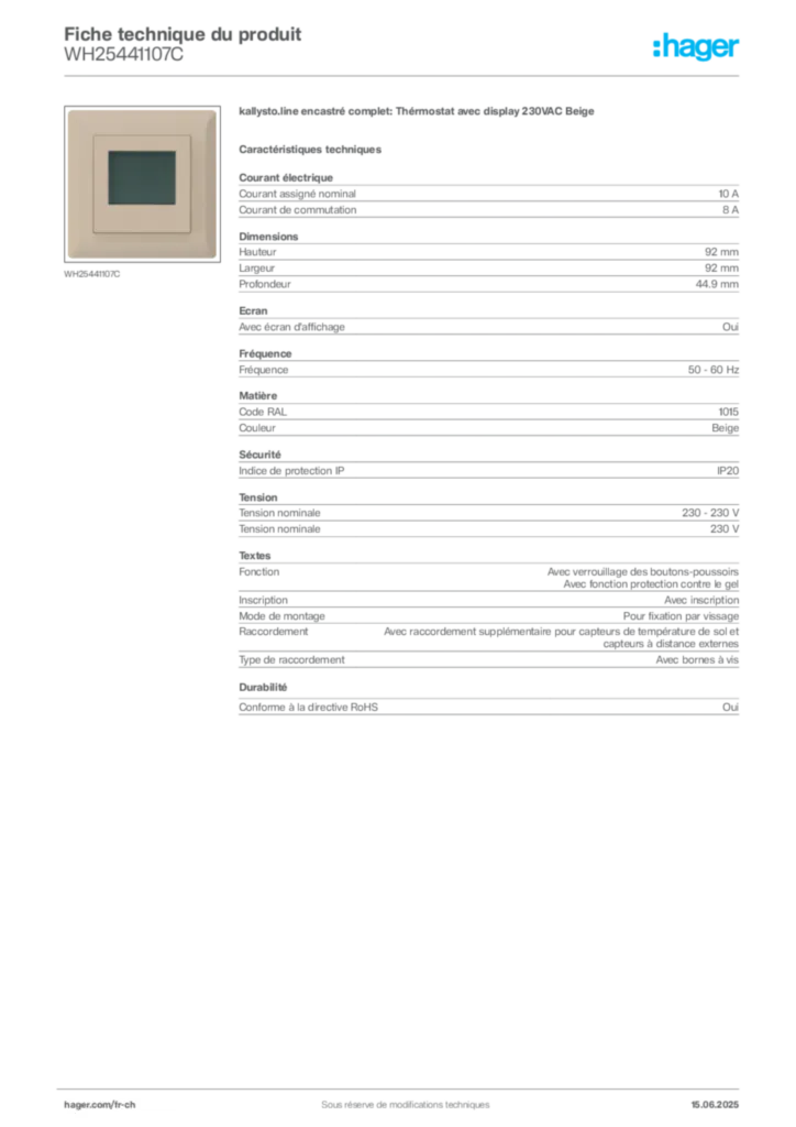 Image Hager Fiche technique du produit WH25441107C | Hager Suisse