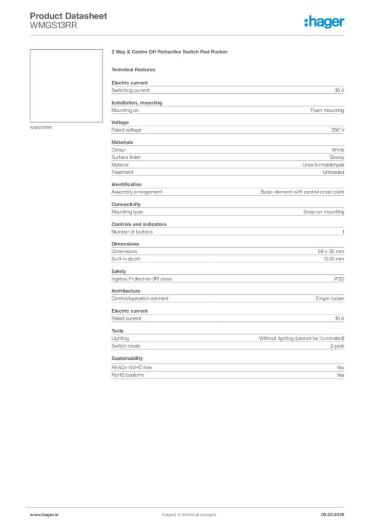 Image Hager Product data sheet WMGS13RR  | Hager
