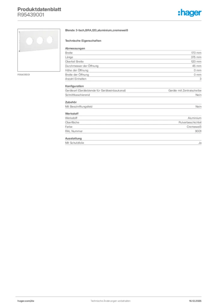 Bild Hager Produktdatenblatt R95439001 | Hager Deutschland