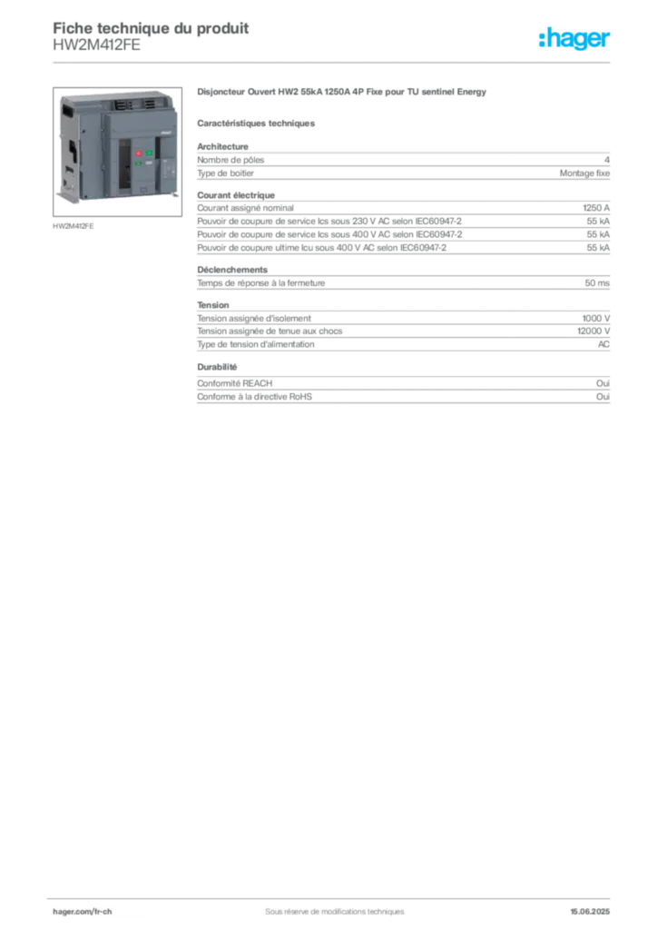 Image Hager Fiche technique du produit HW2M412FE | Hager Suisse
