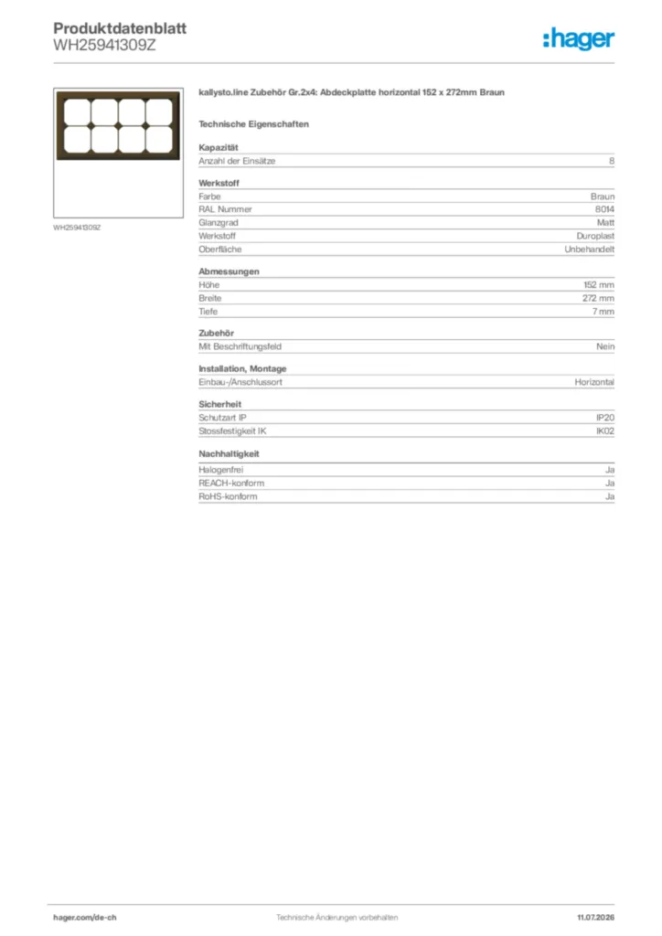 Bild Hager Produktdatenblatt WH25941309Z | Hager Schweiz