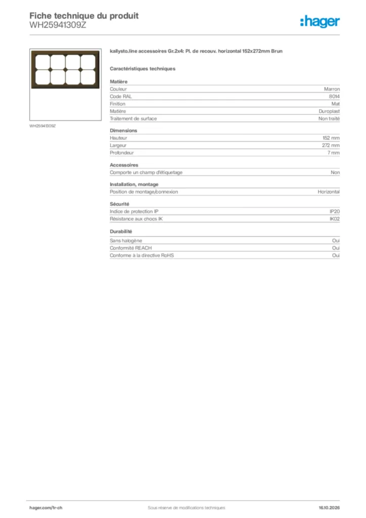 Image Hager Fiche technique du produit WH25941309Z | Hager Suisse