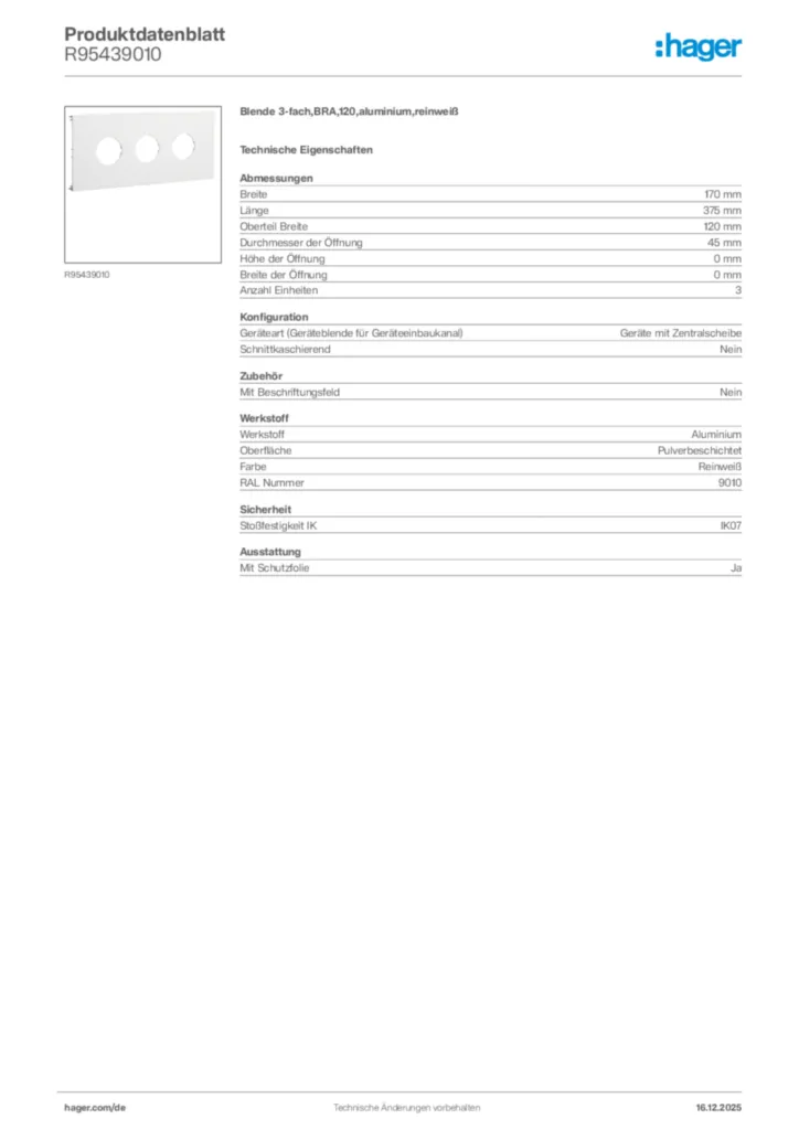 Bild Hager Produktdatenblatt R95439010 | Hager Deutschland