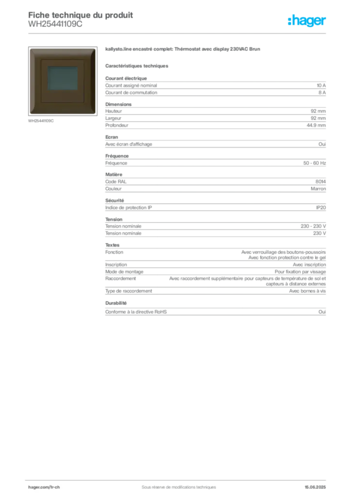 Image Hager Fiche technique du produit WH25441109C | Hager Suisse