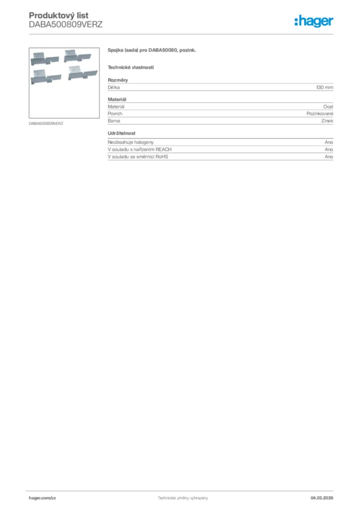 Obrázek Hager Product data sheet DABA500809VERZ | Hager