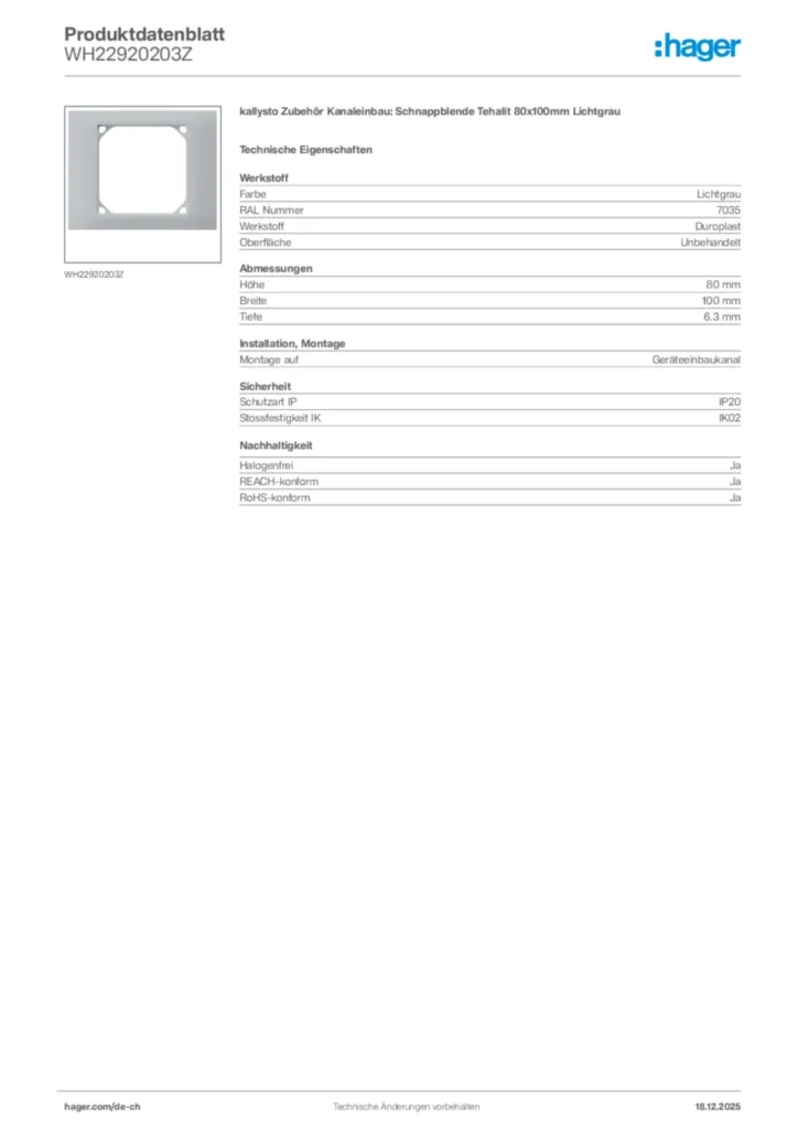 Bild Hager Produktdatenblatt WH22920203Z | Hager Schweiz