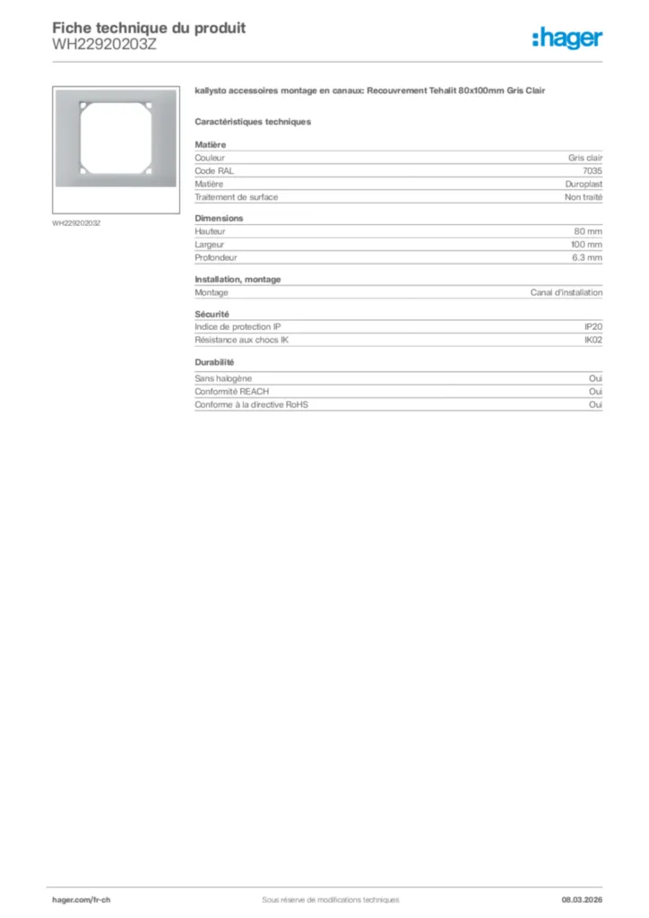 Image Hager Fiche technique du produit WH22920203Z | Hager Suisse