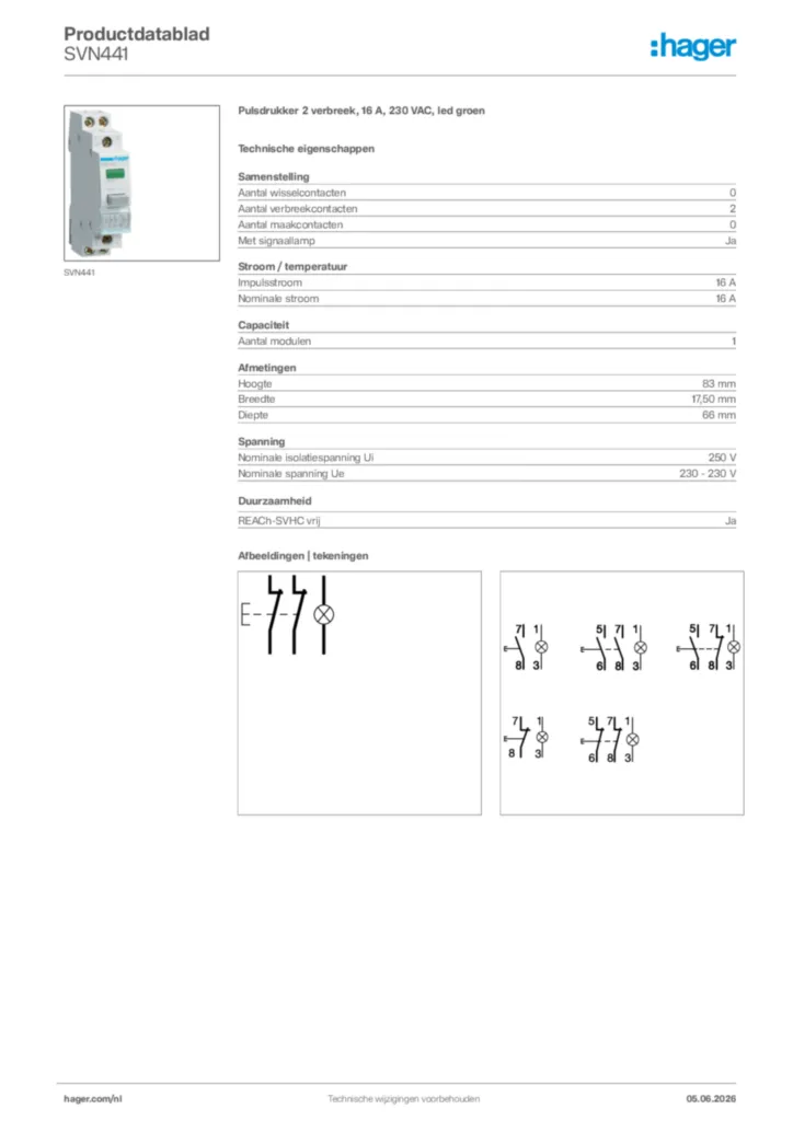 Afbeelding Hager Productdatablad SVN441 | Hager Nederland