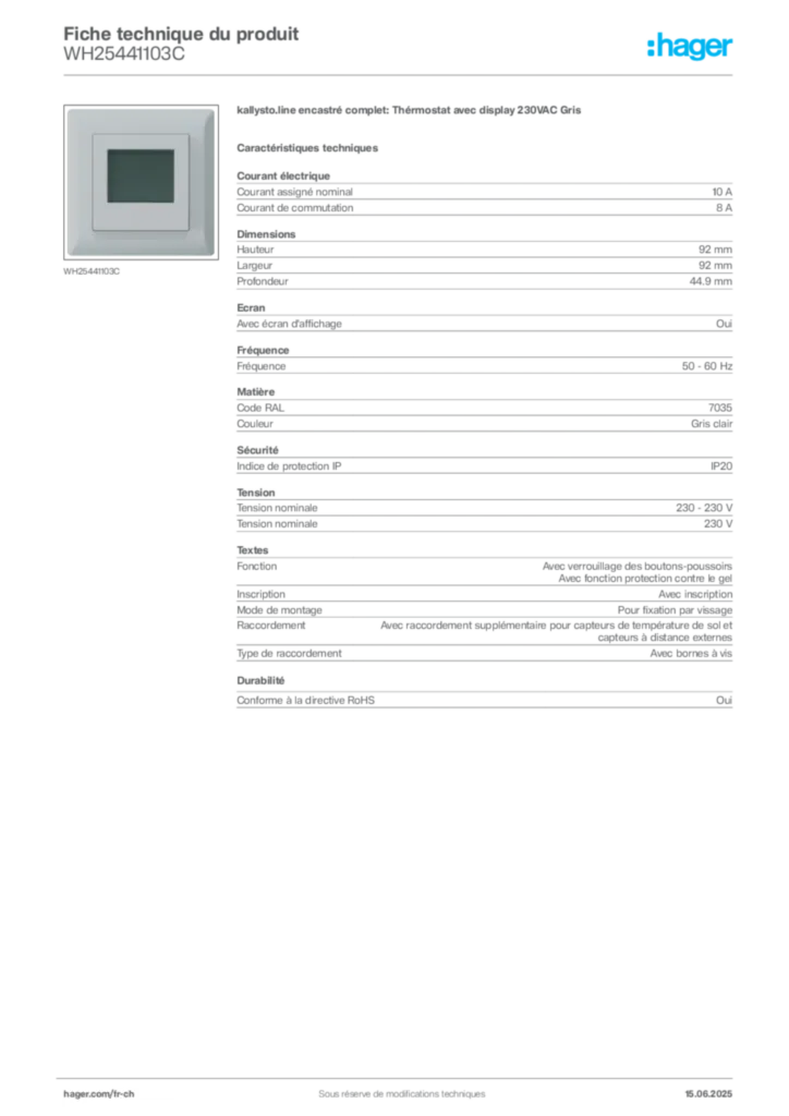 Image Hager Fiche technique du produit WH25441103C | Hager Suisse