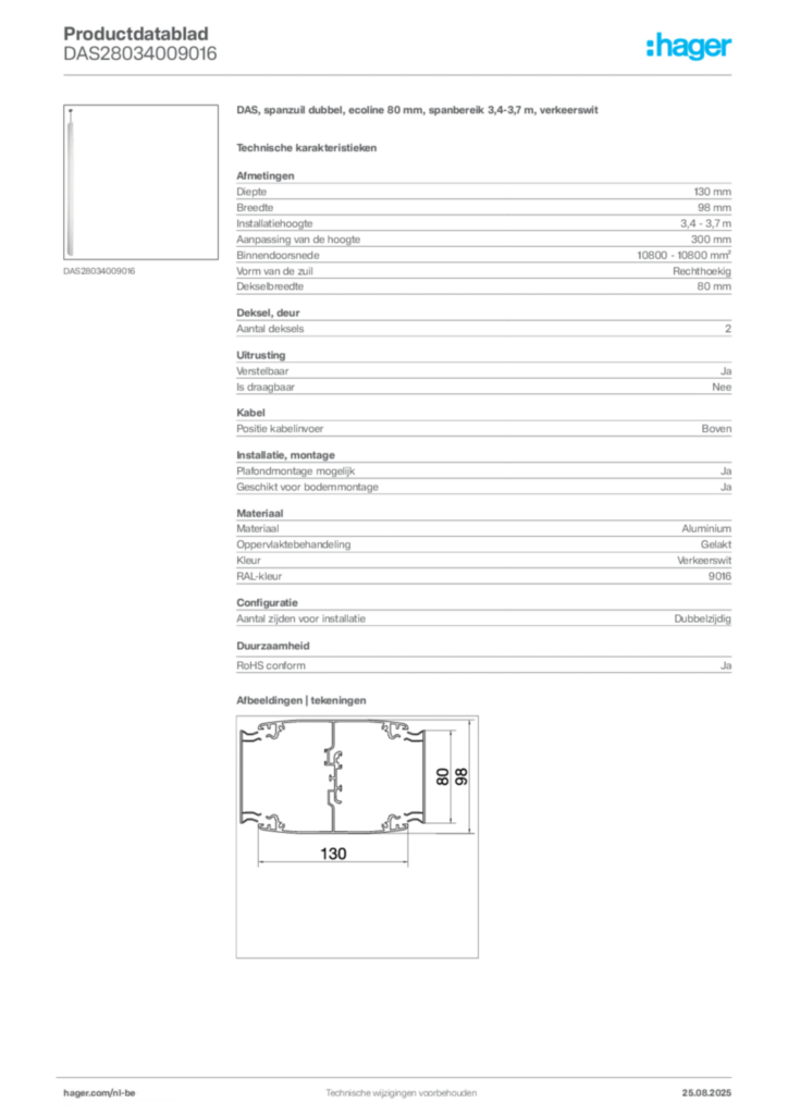 Afbeelding Hager Productdatablad DAS28034009016 | Hager Belgium