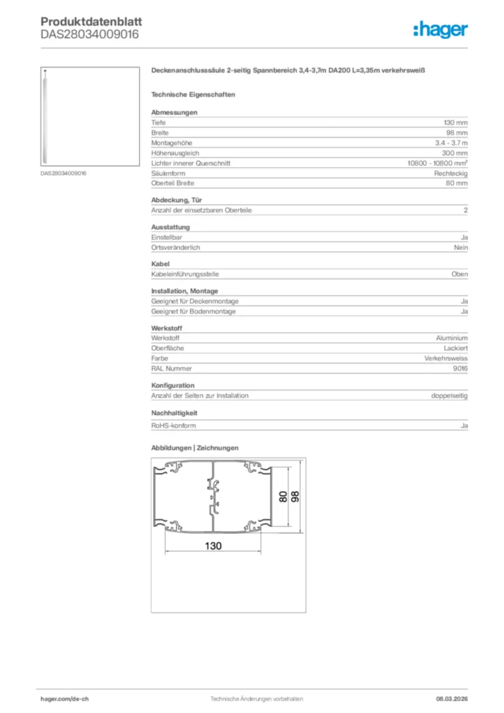 Bild Hager Produktdatenblatt DAS28034009016 | Hager Schweiz
