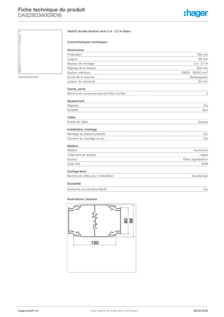 Image Hager Fiche technique du produit DAS28034009016 | Hager Suisse