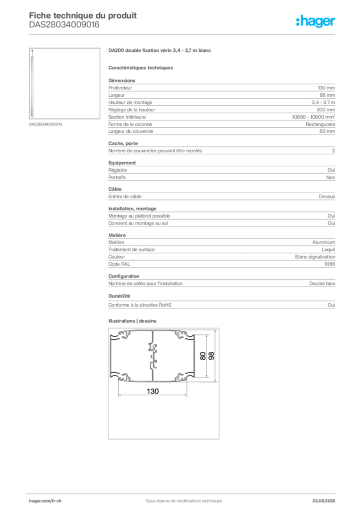 Image Hager Fiche technique du produit DAS28034009016 | Hager Suisse