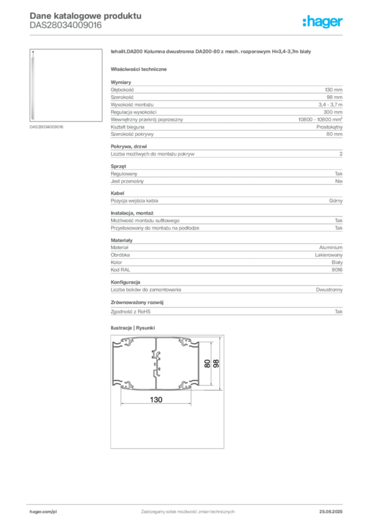 Zdjęcie Hager Karta katalogowa DAS28034009016 | Hager Polska