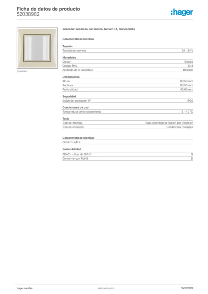 Imagen Hager Ficha de datos de producto 52038982 | Hager España