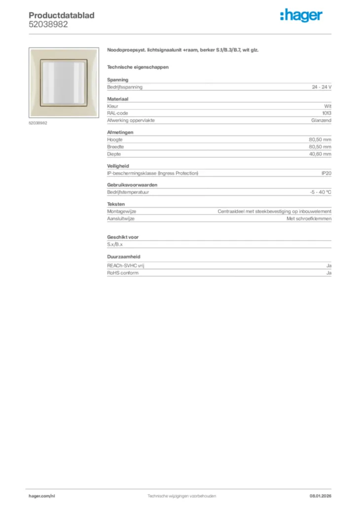 Afbeelding Hager Productdatablad 52038982 | Hager Nederland