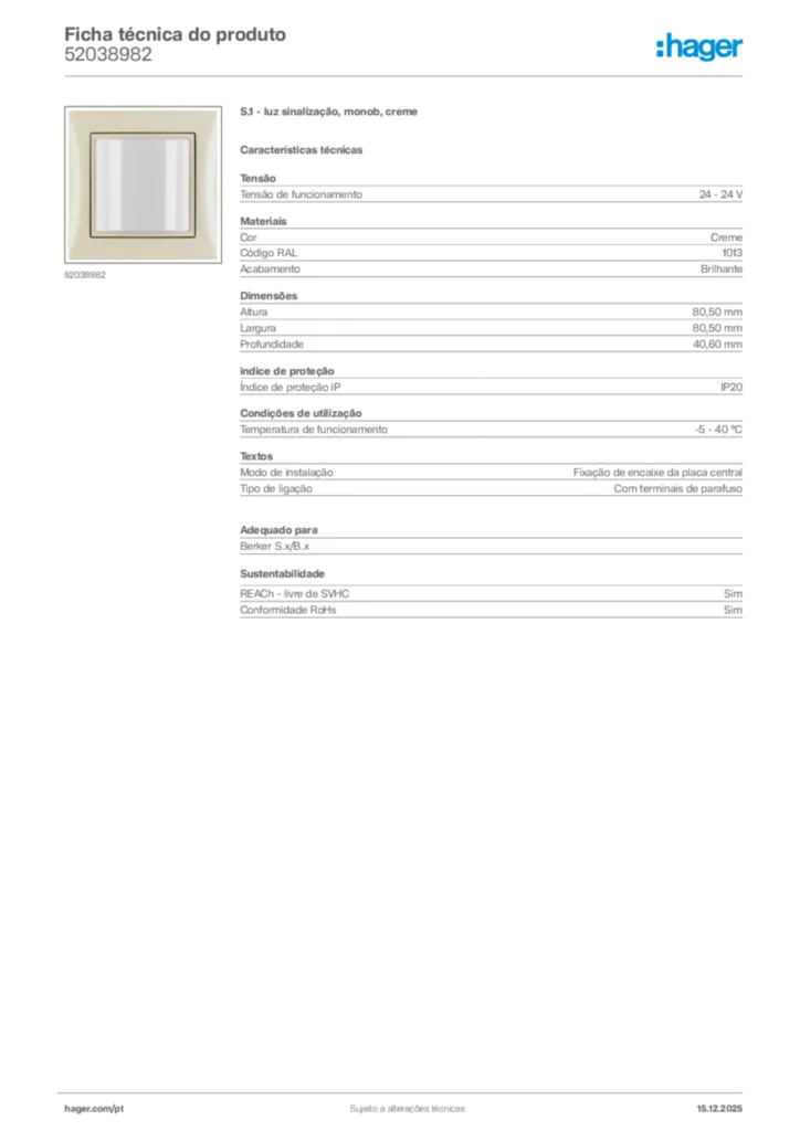 Imagem Hager Ficha técnica do produto 52038982 | Hager Portugal