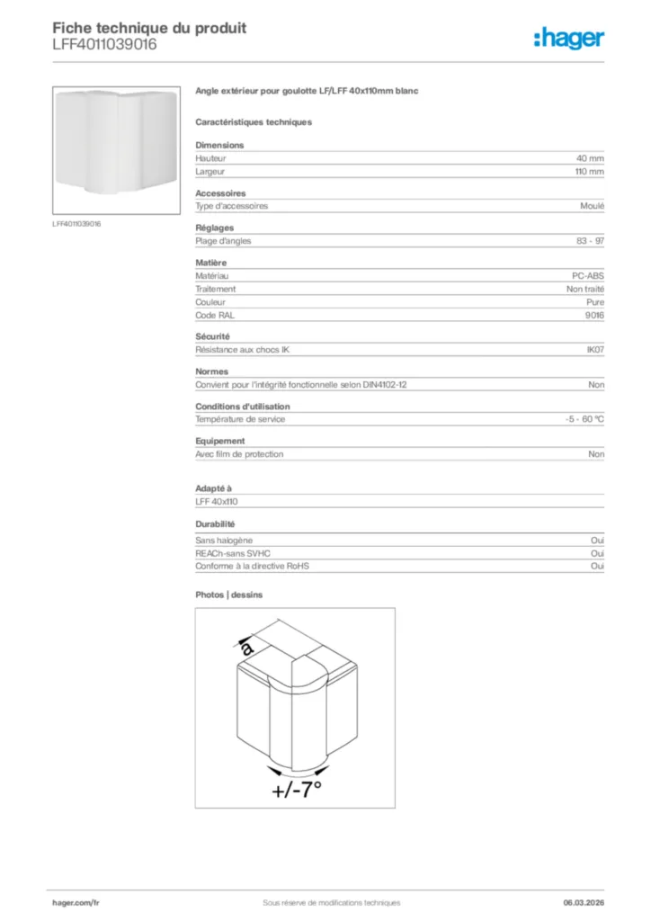 Image Hager Fiche technique du produit LFF4011039016 | Hager France