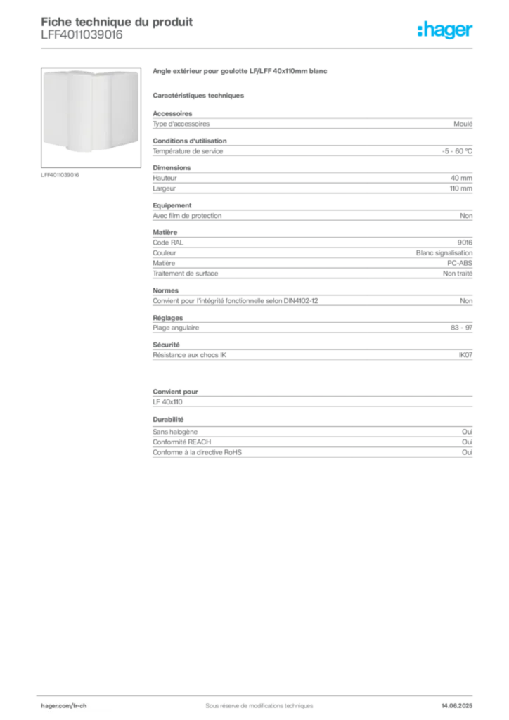 Image Hager Fiche technique du produit LFF4011039016 | Hager Suisse