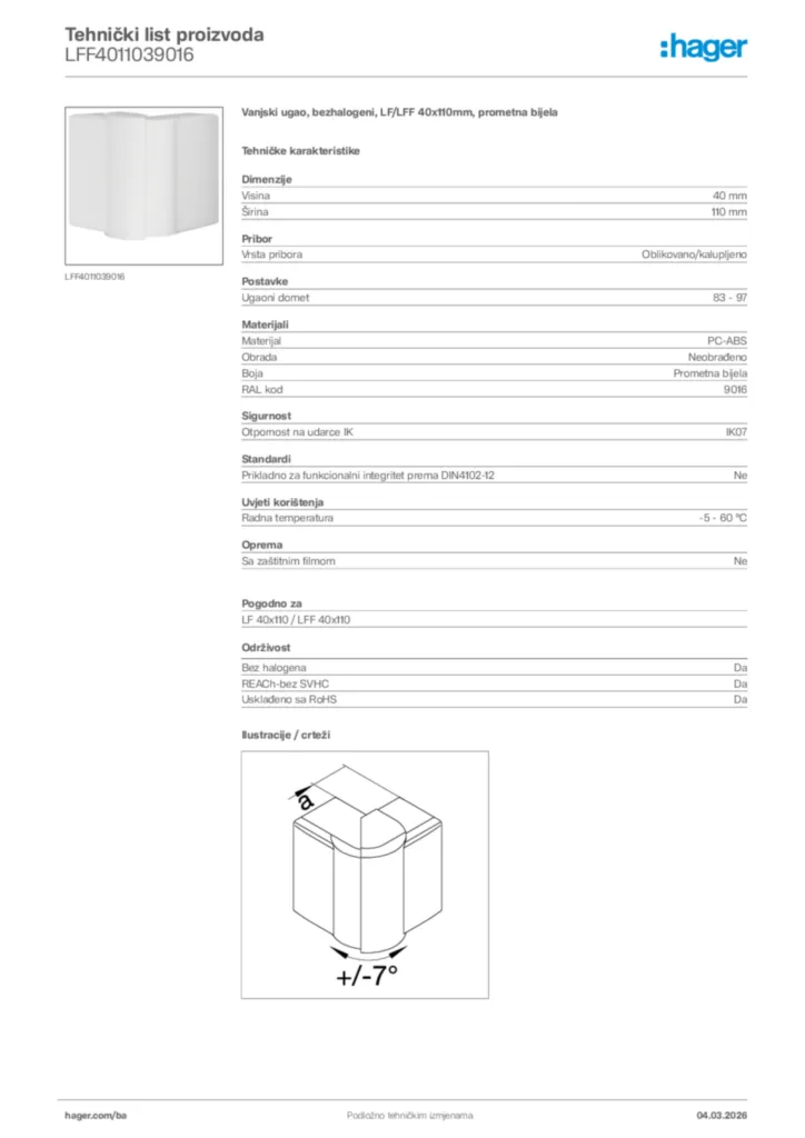 Slika Hager Tehnički list proizvoda LFF4011039016  | Hager