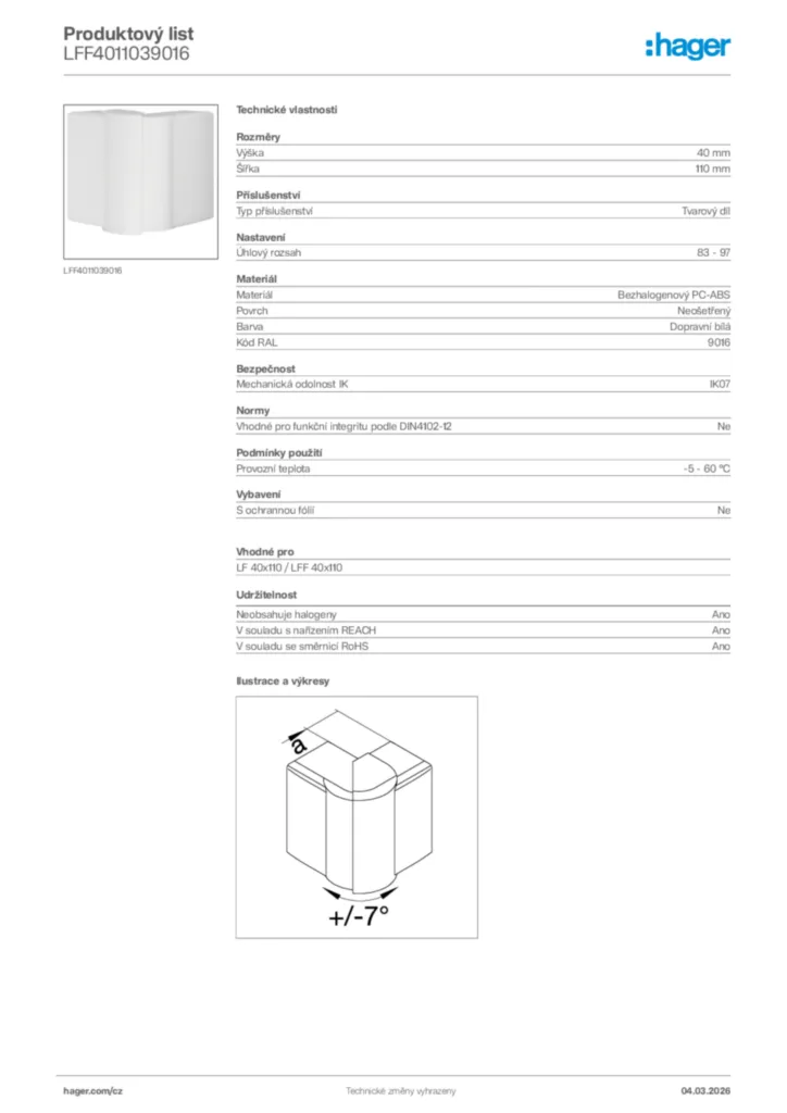 Obrázek Hager Product data sheet LFF4011039016 | Hager