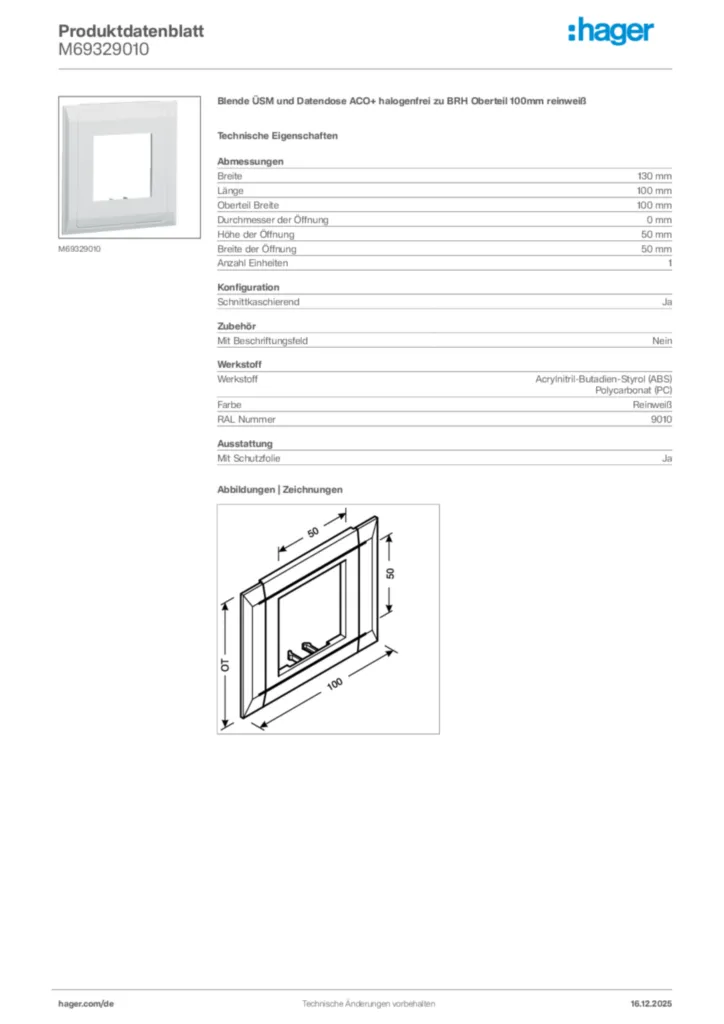 Bild Hager Produktdatenblatt M69329010 | Hager Deutschland