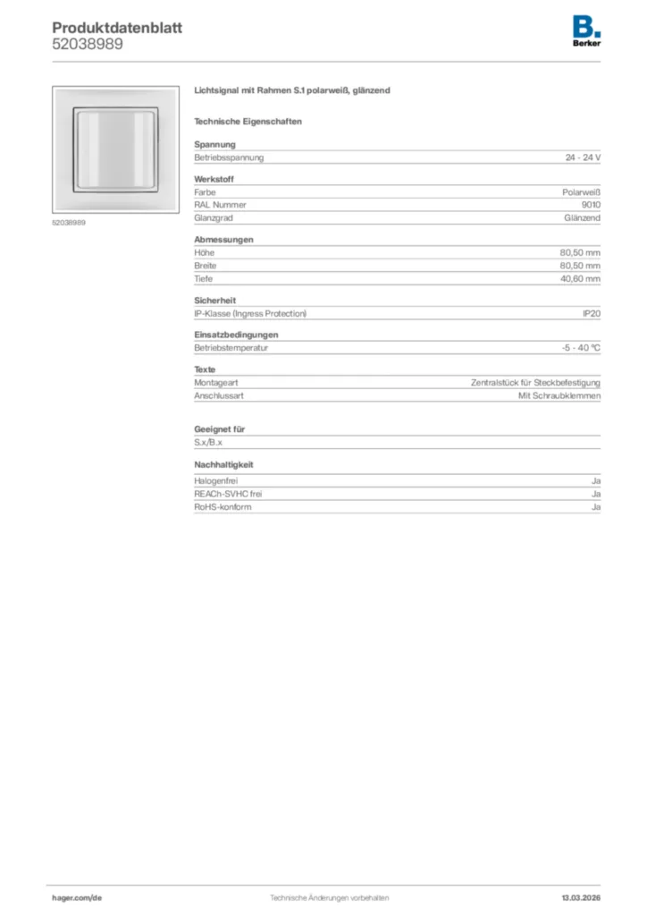 Bild Berker Produktdatenblatt 52038989 | Hager Deutschland