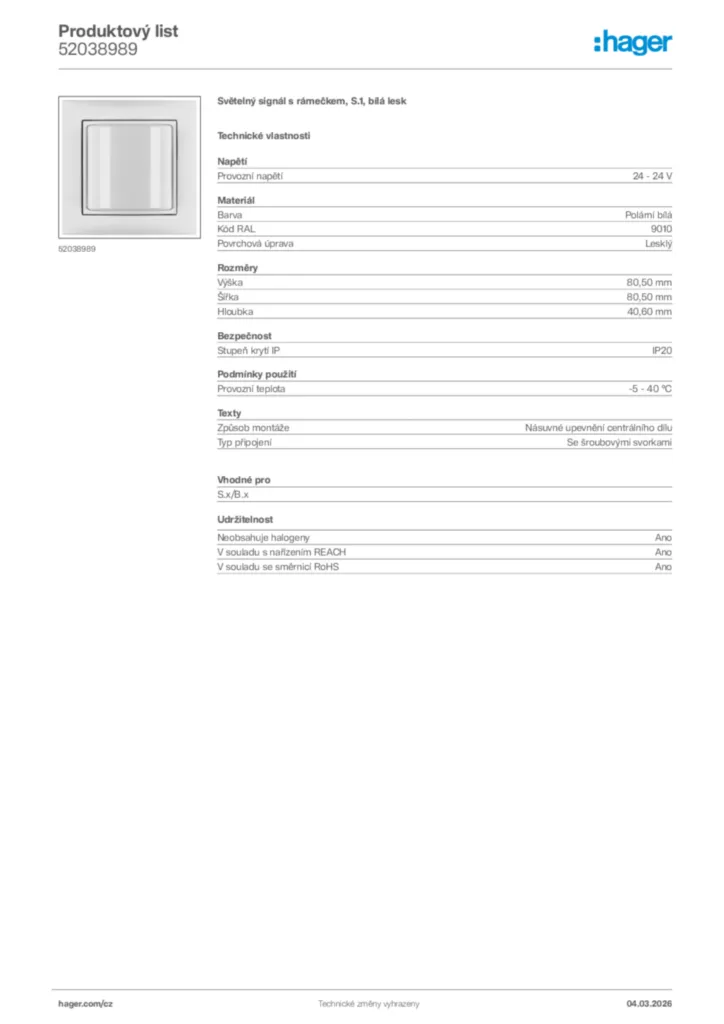 Obrázek Hager Product data sheet 52038989 | Hager