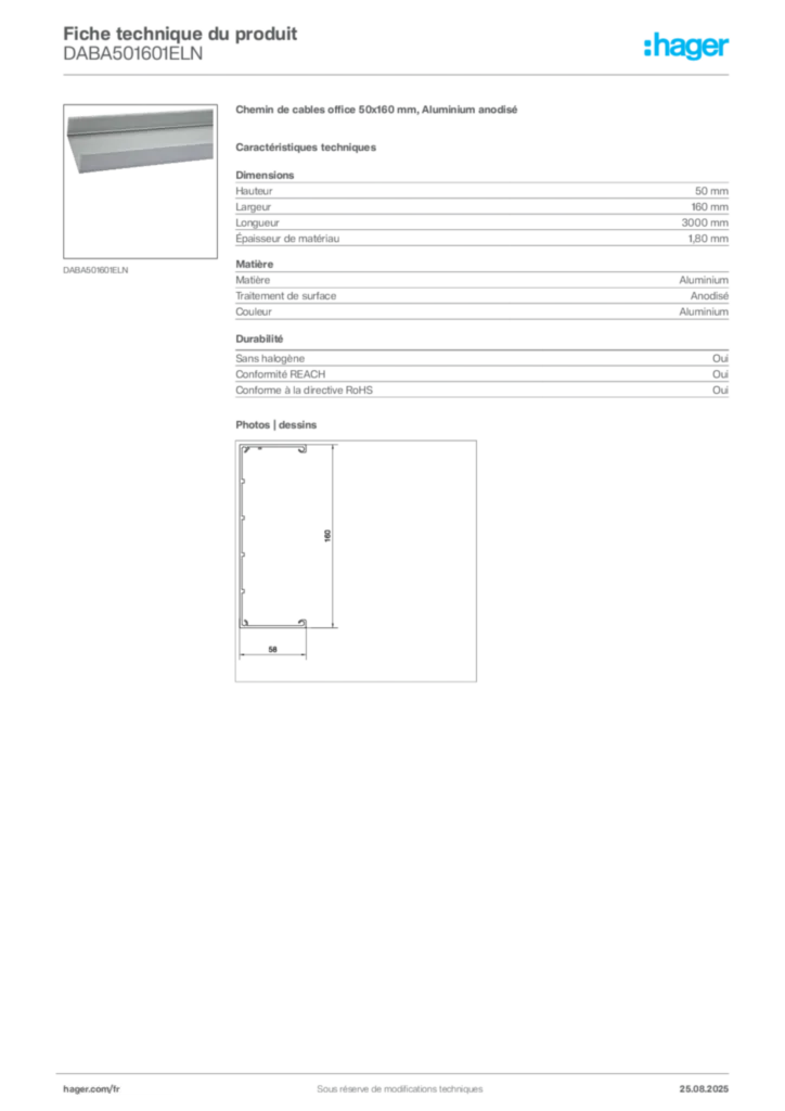 Image Hager Fiche technique du produit DABA501601ELN | Hager France