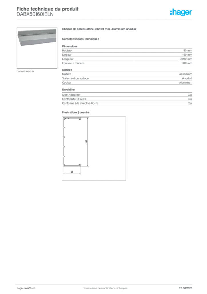 Image Hager Fiche technique du produit DABA501601ELN | Hager Suisse