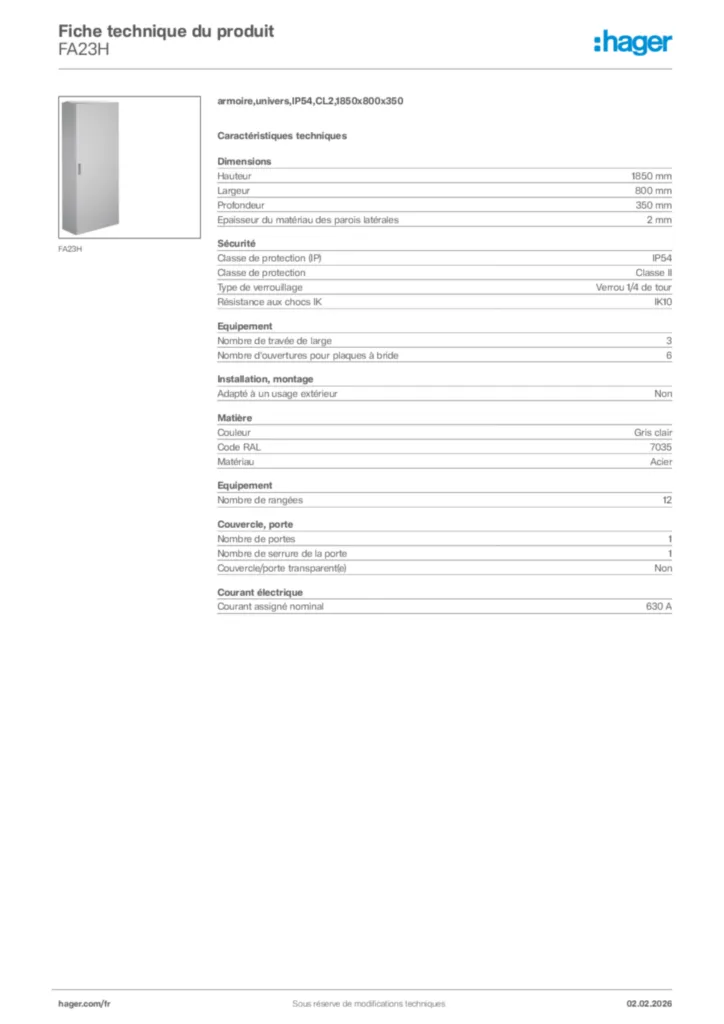 Image Hager Fiche technique du produit FA23H | Hager France