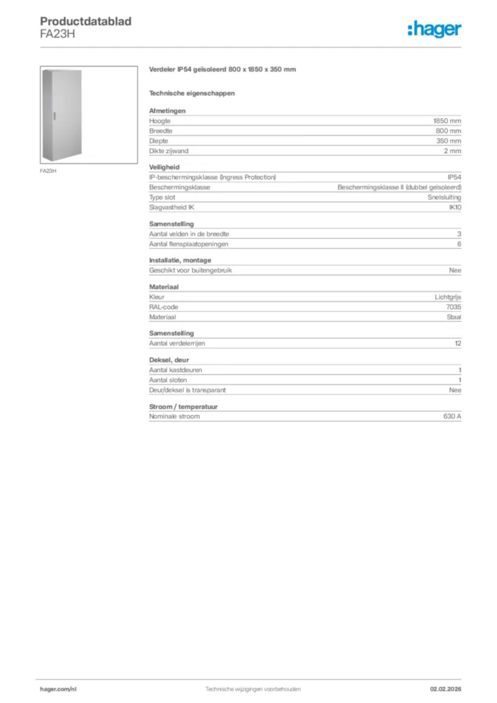 Afbeelding Hager Productdatablad FA23H | Hager Nederland