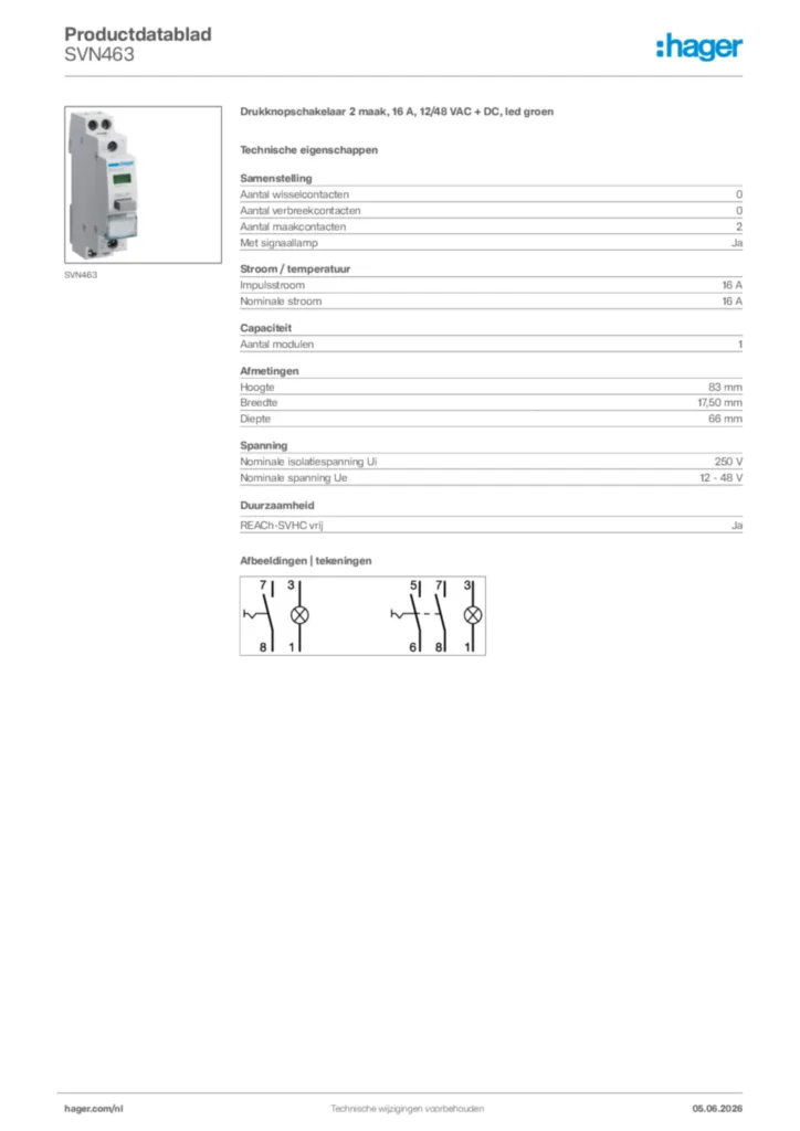 Afbeelding Hager Productdatablad SVN463 | Hager Nederland