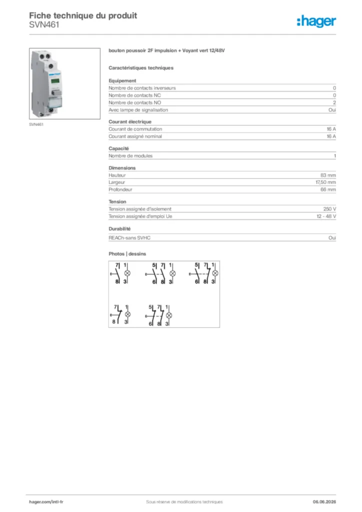 Image Hager Fiche technique du produit SVN461 | Hager Afrique
