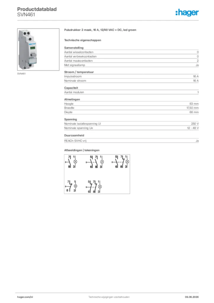 Afbeelding Hager Productdatablad SVN461 | Hager Nederland