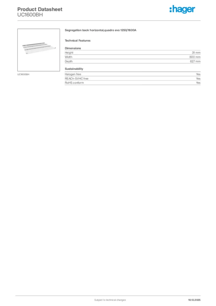 Image Hager Product data sheet UC1600BH  | Hager Africa