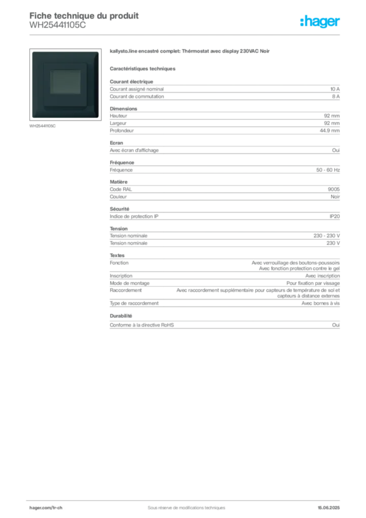 Image Hager Fiche technique du produit WH25441105C | Hager Suisse