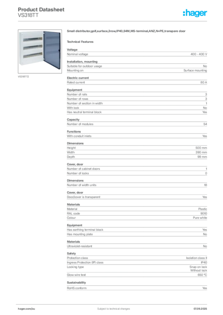 Image Hager Product data sheet VS318TT  | Hager Australia