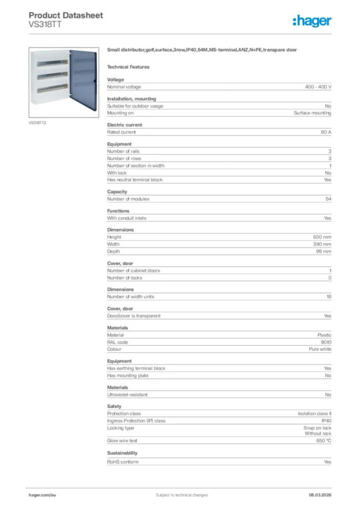 Image Hager Product data sheet VS318TT  | Hager Australia