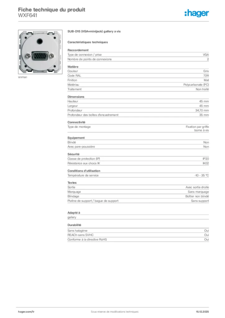 Image Hager Fiche technique du produit WXF641 | Hager France